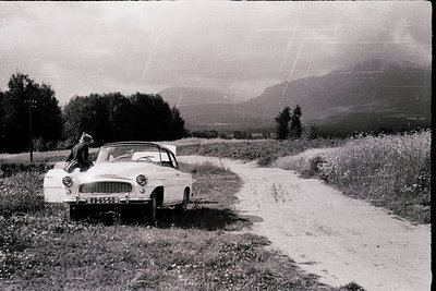 Vintage 1950s-era sedan parked on a rural dirt road, license plate "BR-55-50" visible. Dog perched on hood, surrounded by lus...