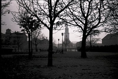 Mid-century urban park scene with bare trees framing a tall, slender tower in the distance. Leaves cover ground, benches and ...