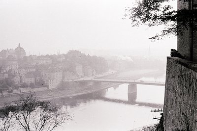 Black-and-white urban riverscape featuring a mist-shrouded bridge spanning a calm river. Historic European architecture—multi...