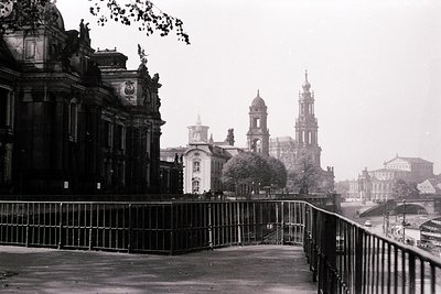 Historic black-and-white cityscape featuring **Dresden’s Frauenkirche** (reconstructed) and **Dresden Cathedral** (Frauenkirc...
