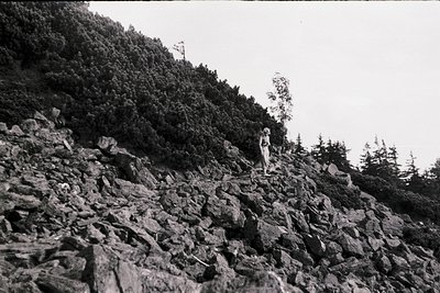 Black-and-white shot of lone hiker on rugged mountain trail, surrounded by dense coniferous forest. Mid-century outdoor gear ...