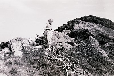 Black-and-white photo of a lone individual hiking on rugged terrain, perched atop exposed rock formations with twisted tree r...