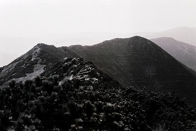 Black-and-white mountain landscape with rugged peaks and dense forest foreground. Dramatic lighting enhances texture of rocky...