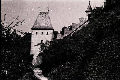 Medieval-style stone tower with conical roof and arched gateway, flanked by fortified walls. Overgrown vegetation suggests ag...