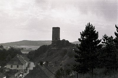 Historic stone tower perched atop a hillside, surrounded by dense foliage and modest residential buildings below. Mid-20th ce...