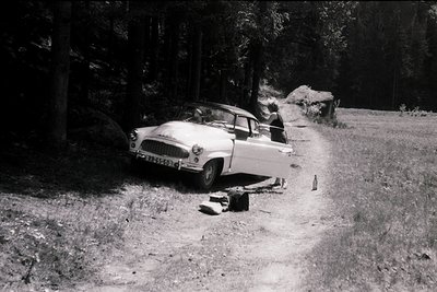 Classic convertible sedan parked on a rugged, unpaved forest road, tilted slightly on uneven terrain. Mid-20th century design...