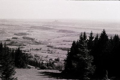 Vintage black-and-white landscape showcasing rolling farmland with scattered trees and a lone structure in the distance. Fore...