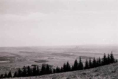 Vintage black-and-white landscape shot of rolling farmland with scattered trees and distant structures. Foreground dominated ...