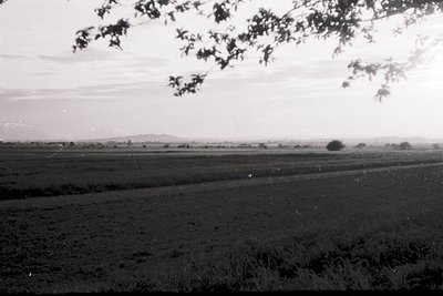 Vintage black-and-white rural landscape featuring plowed fields under an overcast sky. Distant horizon shows sparse trees and...