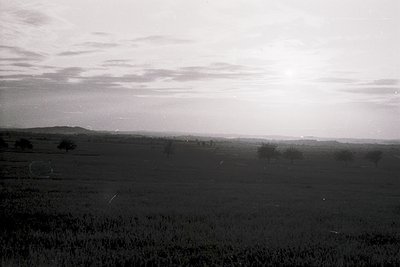Vintage black-and-white landscape of open fields with sparse trees under dramatic, low-hanging clouds. Rolling hills and dist...