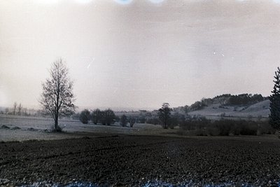 Vintage black-and-white rural landscape featuring plowed fields with a lone leafless tree in foreground. Rolling hills and sc...