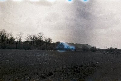 Vintage sepia-toned landscape featuring a distant industrial plume rising from a smokestack against a barren, leafless treeli...