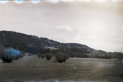 Vintage sepia-toned landscape featuring rolling hills, sparse vegetation, and a distant forested ridge under overcast skies. ...