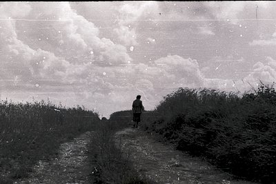 Vintage black-and-white shot of lone figure walking a dirt path through overgrown vegetation, backlit by dramatic clouds. Mid...