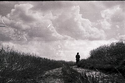 Black-and-white landscape featuring lone figure standing on narrow dirt path bordered by tall reeds. Dramatic cloud formation...