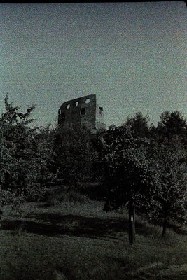 Abandoned multi-story brick tower partially obscured by dense foliage, likely a historic or industrial ruin. Monochrome filte...