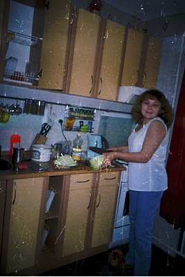 Vintage kitchen interior featuring mid-century wooden cabinets, a woman preparing food on a countertop with a toaster, jars, ...