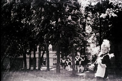 Young girls in early 20th-century school uniforms pose under leafy trees in a courtyard. White aprons, bows, and caps suggest...