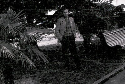 Mid-20th century black-and-white portrait of a man in a suit standing beside lush tropical foliage and a concrete bench. His ...