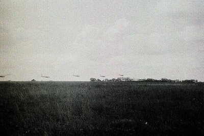 Vintage black-and-white aerial photo of a formation of biplanes flying over flat, low-lying agricultural land. Likely 1920s–1...