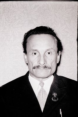 Portrait of a man in formal attire: dark suit, white shirt, patterned tie, and a medal pin on the left lapel. His mustache an...