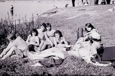 Group picnic by a lake in 1970s-style attire, featuring five young adults seated on grass. Short-sleeved shirts, knee-length ...