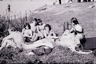 Group of six young people lounging on a picnic blanket by a lake, mid-20th century. Two men in swim trunks and women in swims...