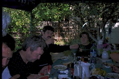 Outdoor gathering under lush greenery with six adults seated at a long table. Men and women in 1970s-style clothing—men in bu...