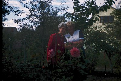 Two women in a lush garden, likely mid-20th century (1950s–1970s). One holds a large pink rose, the other wears a red sweater...
