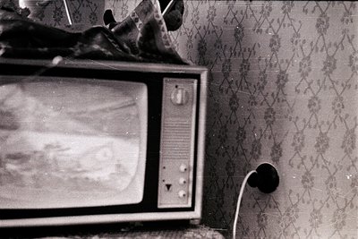 Vintage CRT TV mounted on floral-patterned wallpaper, showing faint static. Knob and antenna cord visible. Mid-20th century d...