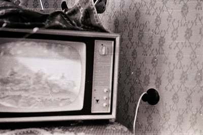 Vintage CRT TV in mid-20th century interior, showing faint static. Patterned wallpaper with geometric floral motifs. Likely 1...