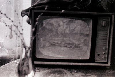 Vintage CRT TV displaying a blurry, static-filled image of a coastal landscape with trees and water. Mid-20th century design ...