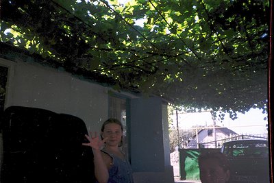Vintage-style photo of a woman posing under lush, overhanging greenery, likely grapevines, creating a natural canopy. Indoor ...