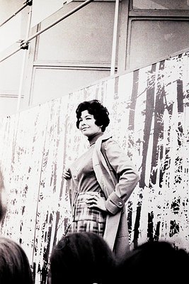 Black-and-white portrait of a woman in a 1960s-style blazer and plaid skirt, standing confidently with hands on hips. Abstrac...