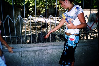 Vintage photo of a woman feeding pigeons at a park fence, wearing a tie-dye top and patterned shorts with a circular logo. Co...