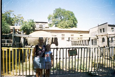 Two women pose at a zoo enclosure with a giraffe in the background. The woman on the left wears a floral top and denim skirt;...