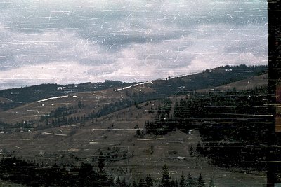 Vintage aerial view of terraced hillsides with scattered forest patches, likely agricultural. Overcast skies and muted tones ...