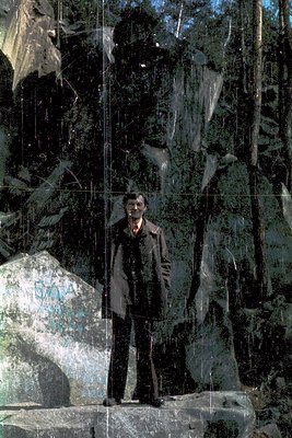 Portrait of a man in a dark overcoat and tie standing on rocky terrain, framed by a forest of tall evergreens. The image appe...