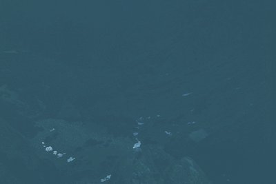 Aerial view of fragmented icebergs in deep blue waters, likely polar region. Distinctive tabular icebergs and smaller ice chu...