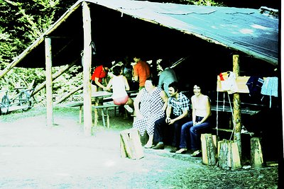 Vintage outdoor gathering under a makeshift tent with wooden benches and picnic tables. Group of casually dressed individuals...