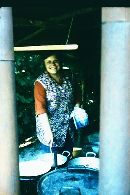 Indoor kitchen scene featuring a woman in a floral-patterned blouse and apron, holding a ladle. She stands beside a large pot...