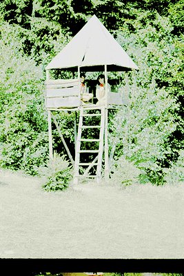 Vintage wooden observation tower with triangular roof, set in dense greenery. Two individuals seated on a bench inside, one h...