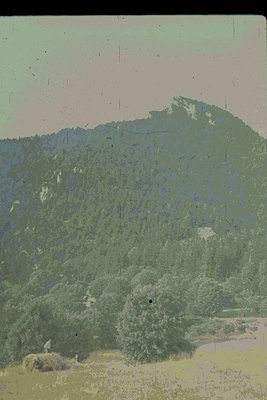 Vintage slide scan of a rugged mountain landscape with dense coniferous forest. A lone figure in light clothing stands near a...