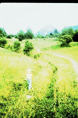 Vintage sepia-toned photo of a lone child in mid-stride through a sunlit meadow, surrounded by knee-high grass and scattered ...