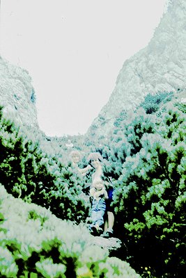 A lone climber ascends a snow-dusted alpine rock face, surrounded by dense coniferous forest. The vintage sepia tone suggests...