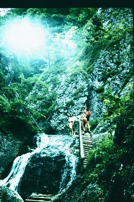 Staircase ascending a misty, forested ravine with cascading waterfall. Three hikers in vintage outdoor gear (shorts, long-sle...