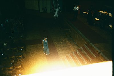 Vintage concert hall stage bathed in warm spotlight, featuring a lone performer in mid-performance. Wooden tiered seating and...