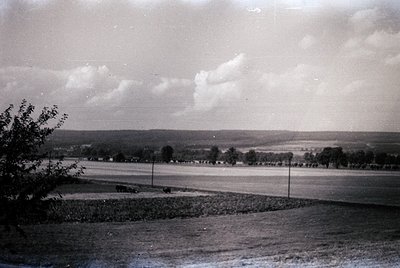 Vintage black-and-white landscape featuring a rural road flanked by trees and open fields, leading to distant hills under a c...