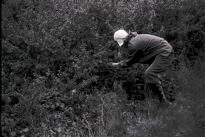 Mid-20th century black-and-white photo of a man in rugged outdoor gear—wide-brimmed hat, long-sleeve shirt, and pants—crouchi...
