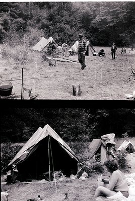 Mid-20th century camping scene in a wooded area, likely 1950s–1960s. Tents, wooden benches, and vintage camping gear dominate...